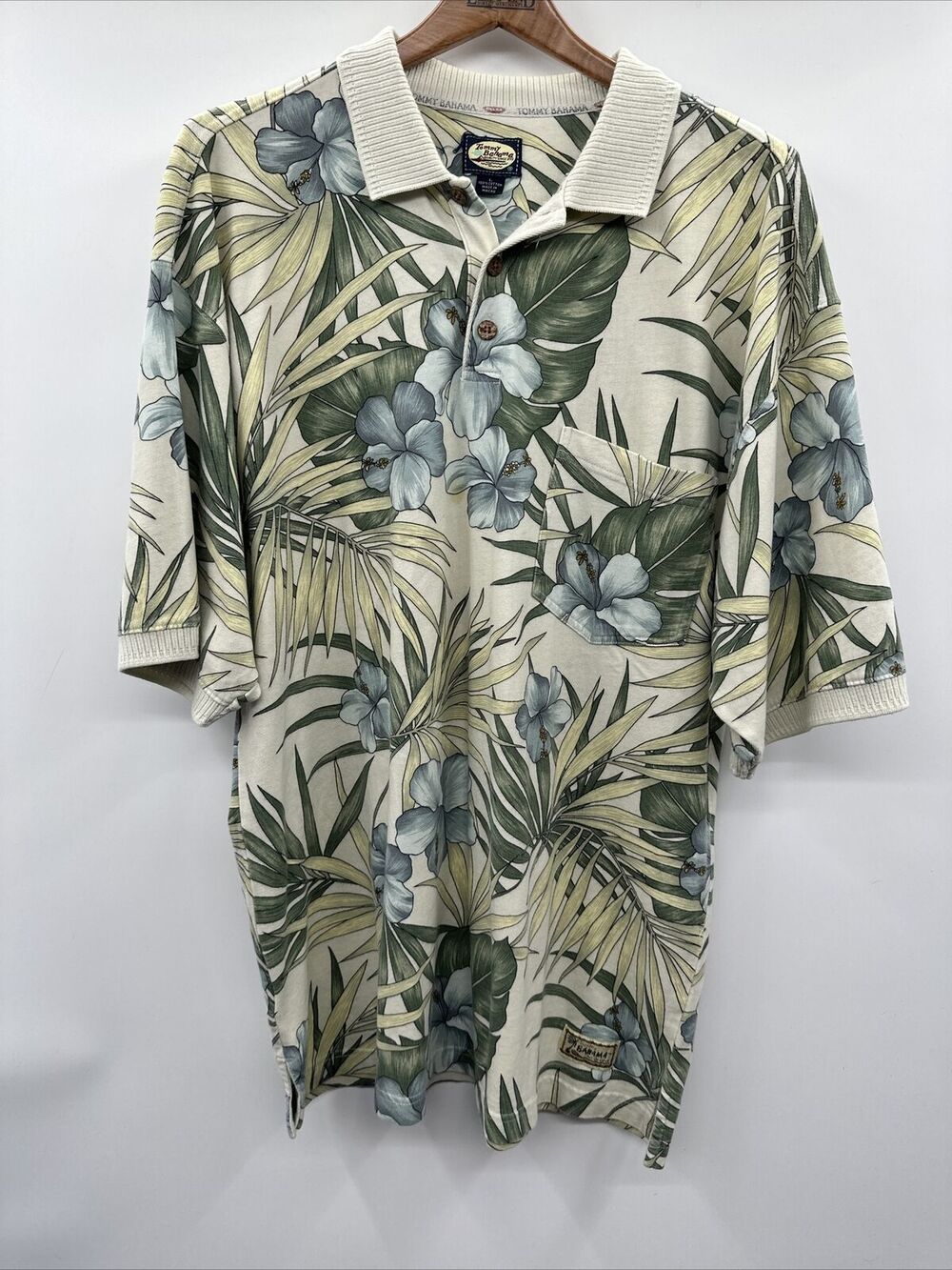 TOMMY BAHAMA Original Men's L Hawaiian Polo Blue Green Florals Seafoam Green